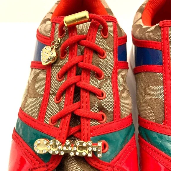 VTG Coach Women's Sneakers Oriana Size 9.5 Rhinestones Charms Logo Red Khaki Y2K - Picture 7 of 14